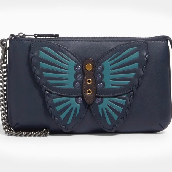 COACH $198 BUTTERFLY APPLIQUE LARGE WRISTLET 2954 Navy Whipstitch - Picture 2 of 5